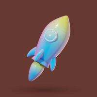 Rocket launching upwards. Spaceship flight. Realistic 3D design element in a plastic cartoon style. Icon isolated on a dark background. vector