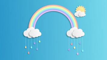 rainbows and clouds in the sky. Graphic design for Rainbow. flying hearts. Paper cut and craft styles. vector