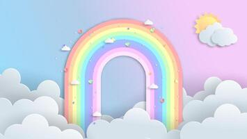 rainbows and clouds in the sky. Graphic design for Rainbow. flying hearts. Paper cut and craft styles. vector