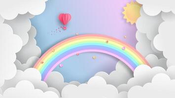 rainbows and clouds in the sky. Graphic design for Rainbow. flying hearts. Paper cut and craft styles. vector