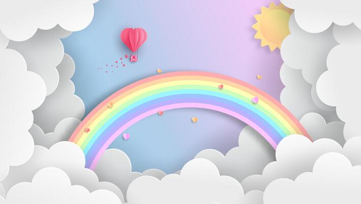 rainbows and clouds in the sky. Graphic design for Rainbow. flying hearts. Paper cut and craft styles.