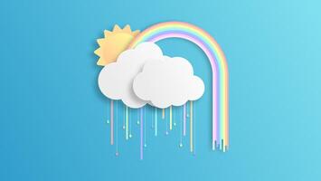 rainbows and clouds in the sky. Graphic design for Rainbow. flying hearts. Paper cut and craft styles. vector