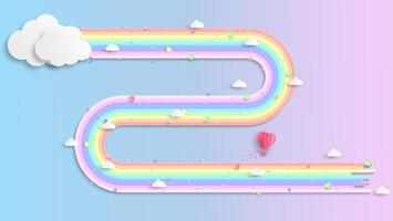 rainbows and clouds in the sky. Graphic design for Rainbow. flying hearts. Paper cut and craft styles. vector