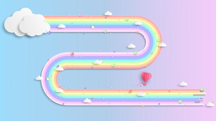 rainbows and clouds in the sky. Graphic design for Rainbow. flying hearts. Paper cut and craft styles.