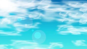 Blue sky with clouds. Anime style background with sparkling sun and fluffy white clouds. Cartoon view of the sky on a sunny day. Heaven with sunny weather, outdoor summer mood vector
