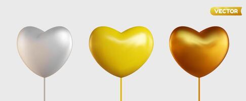 Collection of 3D shiny realistic heart balloons, displayed from different angles. vector