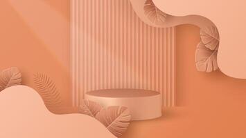 3D podium with Paper cut style illustrator elements of leaf on background. vector