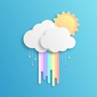 rainbows and clouds in the sky. Graphic design for Rainbow. flying hearts. Paper cut and craft styles. vector