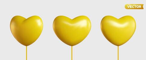 Collection of 3D shiny realistic heart balloons in yellow, displayed from different angles. vector