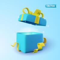 3D open blue gift boxes with ribbon in green over blue background. 3D rendering of a modern holiday surprise box. vector