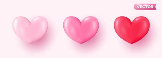 Collection of 3D shiny realistic heart balloons in pink, displayed from different angles. vector