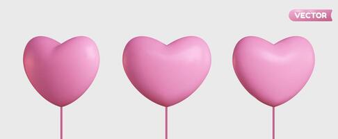 Collection of 3D shiny realistic heart balloons in pink, displayed from different angles. vector