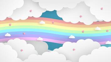 rainbows and clouds in the sky. Graphic design for Rainbow. flying hearts. Paper cut and craft styles. vector