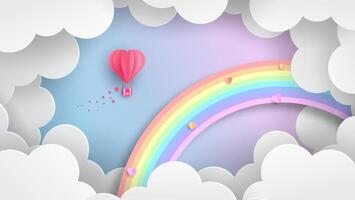 rainbows and clouds in the sky. Graphic design for Rainbow. flying hearts. Paper cut and craft styles. vector