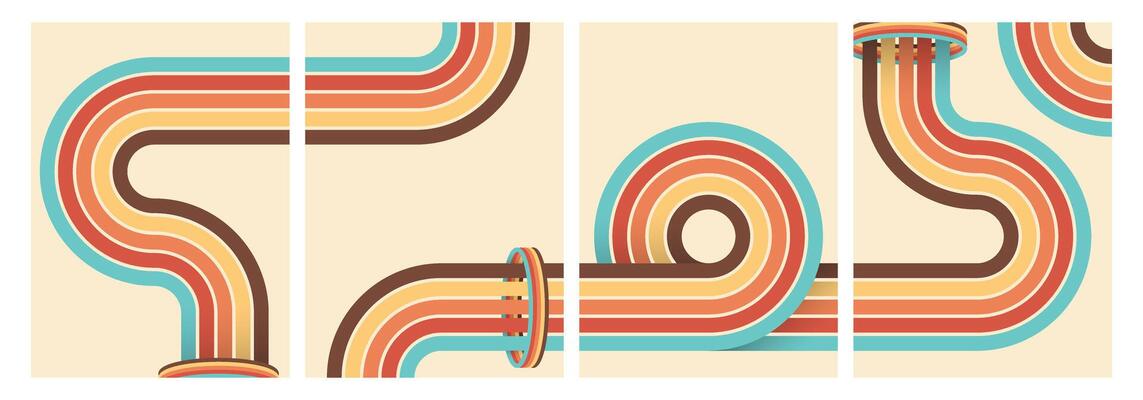 70s vintage retro style background poster with stripes, 1970s retro background graphic design shapes. Fashionable 70s era abstract style line frame illustration.