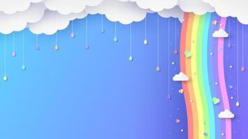 rainbows and clouds in the sky. Graphic design for Rainbow. flying hearts. Paper cut and craft styles. vector