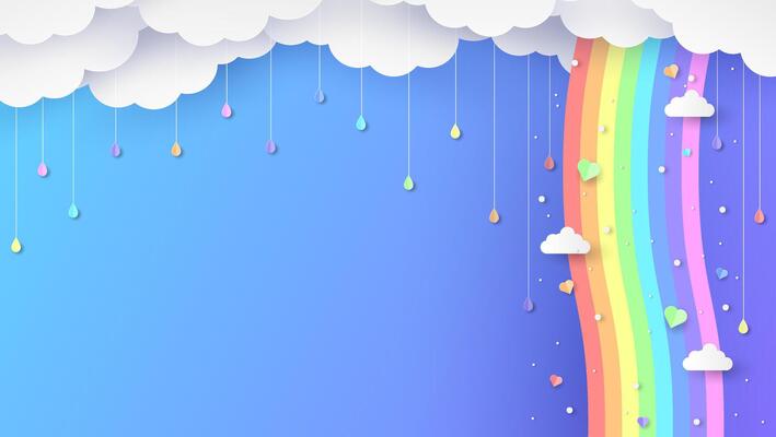 rainbows and clouds in the sky. Graphic design for Rainbow. flying hearts. Paper cut and craft styles.