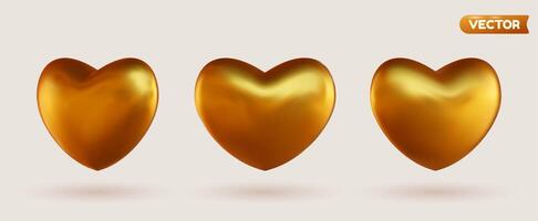 Collection of 3D shiny realistic heart balloons in gold, displayed from different angles. vector