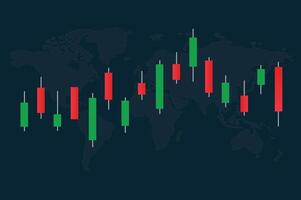 Stock market bar graph on world map, candlestick chart, finance trade data vector