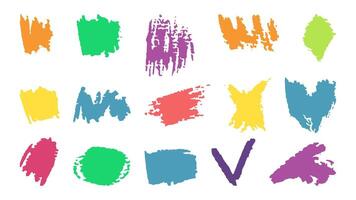 Doodles with the texture of wax chalk. Set elements imitating child drawing. Colored strokes purple yellow red blue. Doodles abstract shapes. illustration. vector