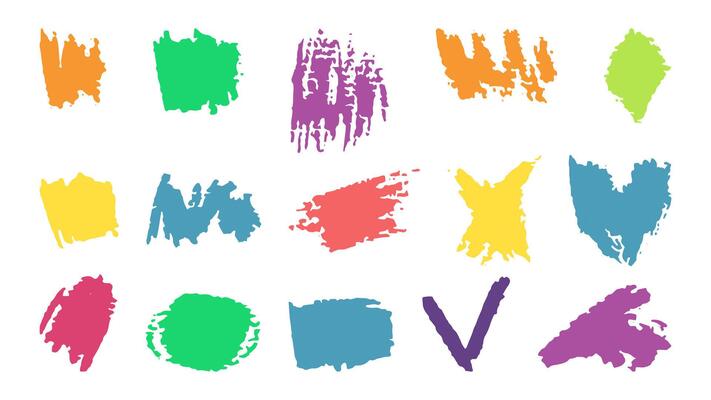 Doodles with the texture of wax chalk. Set elements imitating child drawing. Colored strokes purple yellow red blue. Doodles abstract shapes. illustration.