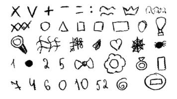 Doodles with the texture of wax chalk. Set elements imitating child drawing. Numbers triangles geometric shapes. Doodles abstract shapes. illustration. vector