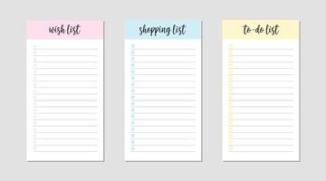 A set of three lists designed for efficient organization and planning, featuring a wish list, shopping list, and todo list. each list has a unique pastel color header and icons to visually distinguish and neatly organize tasks and goals. vector
