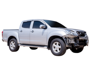 Back and side view of gray or bronze pickup car get damaged by accident on the road. damaged cars after collision. isolated on transparent background, File png
