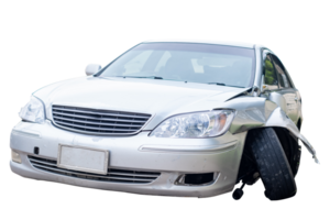 Full body front and side view of white car get damaged by accident on the road. damaged cars after collision. Isolated on transparent background, File png