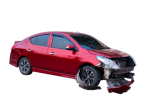 Car crash, Full body front and side view of red car get damaged by accident on the road. damaged cars after collision. Isolated on transparent background, car crash broken, File png