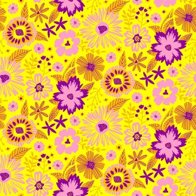 Floral Seamless Half Drop Pattern with Fantasy Leaves and Flowers in Yellow, Pink and Purple. Repeat Wallpaper Print Texture for Scrapbooking Craft Paper, Textile, Fabric, Gift Wraps, Package Design.
