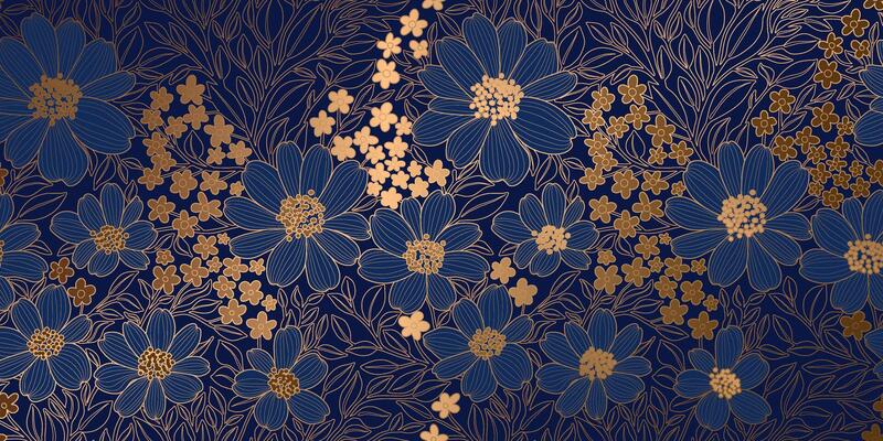 Floral Pattern of Gold Metallic Contour Flowers and Leaves on a Dark Navy Blue Backdrop. Luxurious Art Deco Wallpaper Design for Print, Poster, Cover, Banner, Invitation, Package, Beauty Products.