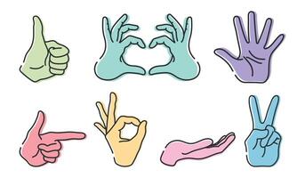 Hands with gestures OK, peace sign, thumb up, pointing index finger, showing heart, cupped hand, open palm. Line icons set isolated on white background vector