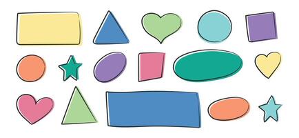 Set of doodle geometric shapes in childish style. Different hand drawn doodle quote frames. Square, circle, triangle, star, heart shape. illustration vector