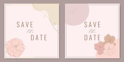 Elegant save the date card templates in pastel colors decorated with flowers outline. illustration vector