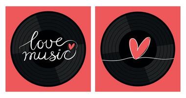 Vinyl record disk with heart and phrase Love music. Retro vintage emblem of music lover in flat design. illustration vector