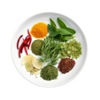 A plate with all kinds of spicy and soft herbs on a white bowl top view isolated on a transparent background png