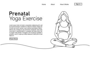 Pregnant mother doing yoga, continuous one line drawing. Sketch art illustration landing page template vector