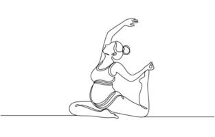 Pregnant mother doing yoga, continuous one line drawing. Sketch art illustration landing page template vector