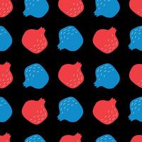 Pomegranate seamless pattern. Abstract fruit red and blue on a black background. Summer illustration for fabric, background, cover, case, wrapping paper vector