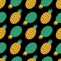 Pineapple seamless pattern. Green and yellow pineapple on a black background. Summer fruits illustration for fabric, wrapping paper, case, background, cover vector