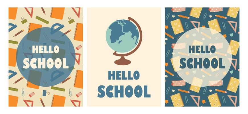 Hello school concept, cards set. Globe, school supplies. Cute illustration for your design