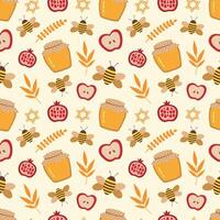 Rosh Hashanah seamless pattern. Apple, pomegranate, honey and bees on a light background. illustration for packaging, greeting card, background, fabric, wrapping paper vector