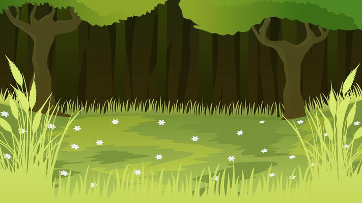 Landscape illustration of forest with wild grass in spring season