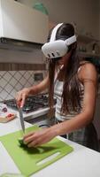 A woman uses a VR headset while chopping vegetables, blending futuristic tech with cooking video