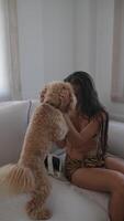 Woman enjoying a tender moment cuddling with a dog on a cozy sofa in a home setting video