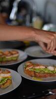 Skilled chef prepares Avocado Toast with Shrimp in modern kitchen, displaying culinary artistry video
