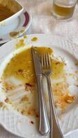 une nettoyer assiette avec une fourchette et couteau signifie le conclusion de une délicieux à manger expérience video