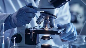 scientist using microscope in research lab, scientific investigation and discovery photo