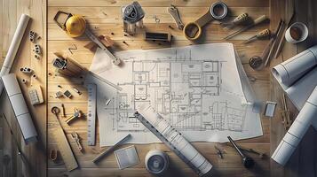 Top view of blueprints and architectural drawings with construction tools on a wooden table, flat layout photo